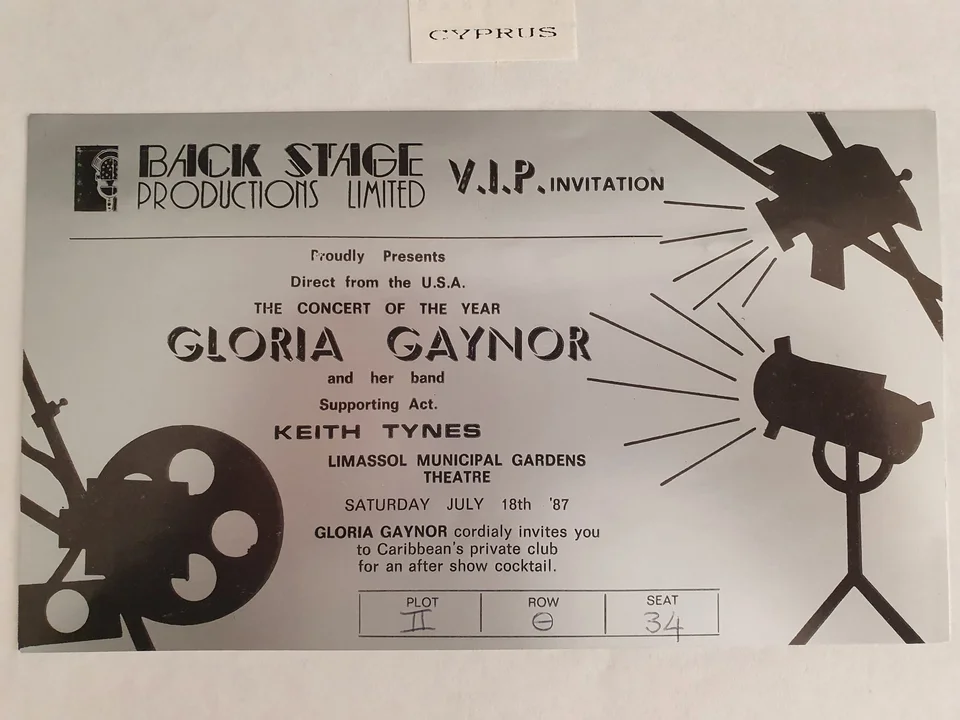 Archival invitation: Gloria Gaynor and band, support act Keith Tynes, Limassol Municipal Gardens Theatre, 18 July 1987